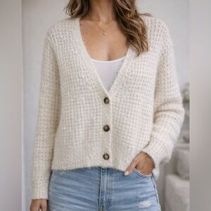 Y2K inspired Catherine Malandrino Ivory Fuzzy knit Button-Up Cardigan Large